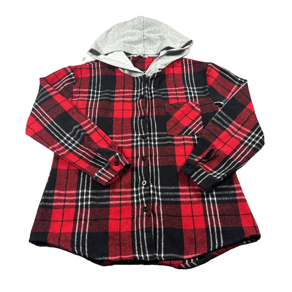 Hotouch Women's Size S Red Plaid Flannel Hoodie Long Sleeve Button Up Winterwear